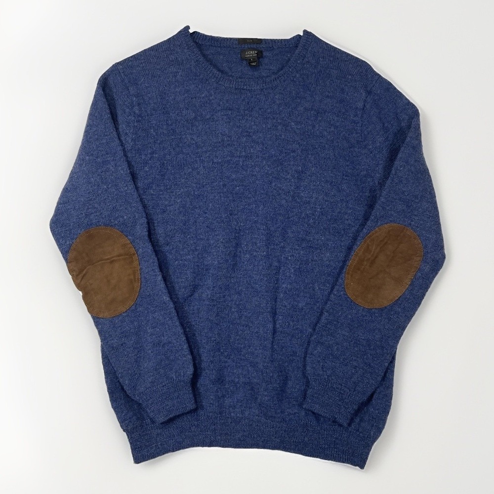 J.Crew Mens L Slim Merino Wool Elbow Patch Sweater Blue Pullover